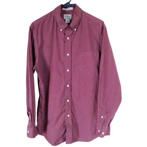 L‎ L Bean Woven Cotton Shirt Slightly Fitted Wrinkle Resistant Burgundy Mens Med - Picture 1 of 8